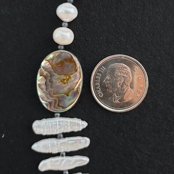 Vintage Genuine White Stick Pearl & Abalone Necklace with 925 Silver Clasp - Picture 5 of 12